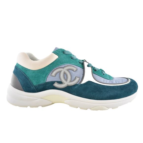 Chanel 19K Mens Green Grey Teal Blue White CC Logo Low Top Trainer Sneaker 44 11 - Picture 1 of 12